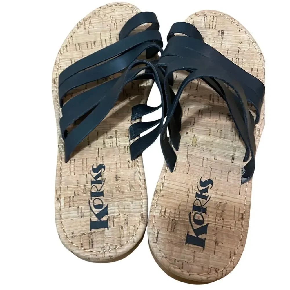 KORKS Women's 6 Black Shay Strapy‎ Faux Leather Slip on Comfort Sandal